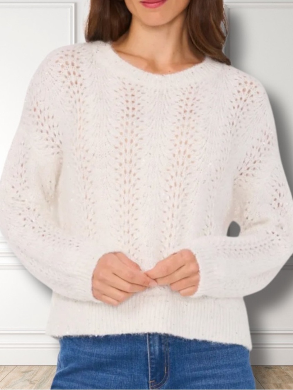 1. State Sequin Pointelle Knit Sweater Antique White